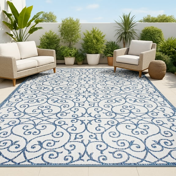 JONATHAN Y SANTA MONICA 3 x 5 Area Rug, Madrid Vintage Filigree Textured Weave - Blue/Cream, SMB107F-3