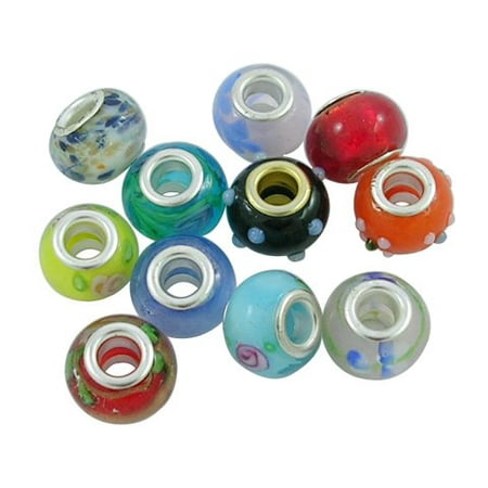 - 100 pcs Handmade Lampwork European Beads, Large Hole Beads, Rondelle, Mixed Color, about 14mm wide, 10mm long, hole: 5mm