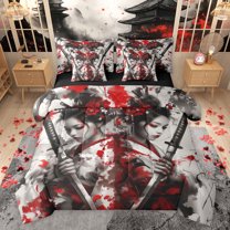 Feelyou Japanese Samurai Bedding Comforter Set 7 Pieces, Tokyo Anime Geisha Full Bedding Set, Teens Kids Boys Girls Reversible Fitted Sheet Flat Sheet, Microfiber Bedroom Decor