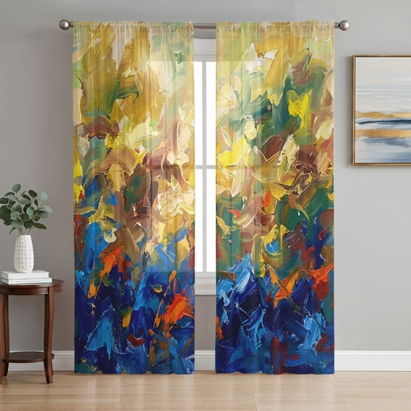 Blue Yellow Green Sheer Curtains 84 Inch Length 2 Panels Set, Modern Abstract Gradient Aesthetic Art Voile Window Treatment Rod Pocket Curtains Sheers for Bedroom/Living Room/Kitchen 52"x84"x2