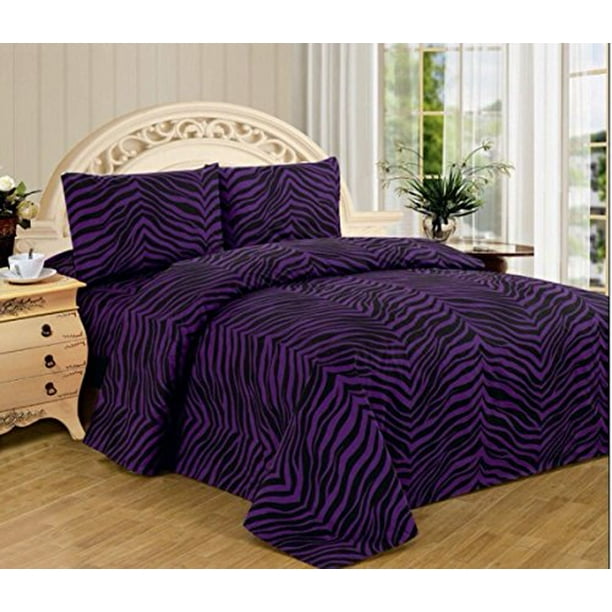 4 Piece Zebra Animal Print Super Soft Executive Collection 1500 Series Bed Sheet Set Queen Size ...