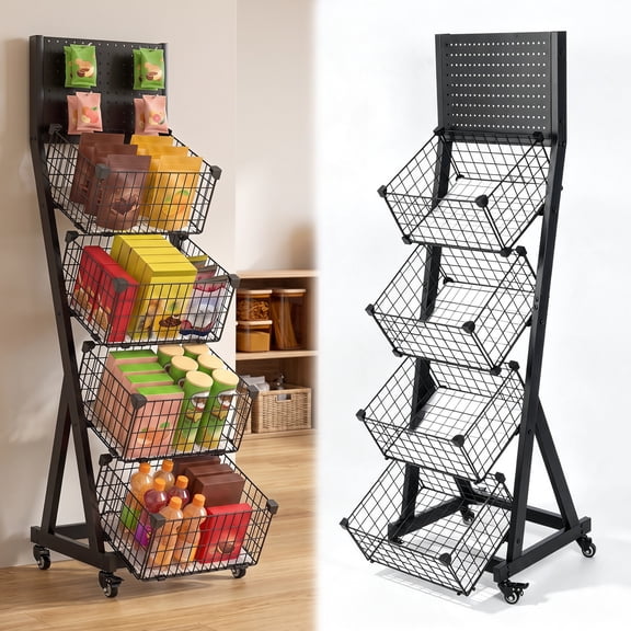 Qunbio Snack Display Stand, Metal Storage Shelf with Hooks and Wheels, Heavy Duty Organizer Rack for Kitchen Pantry Office Garage, 54.3 Inch Tall, Black