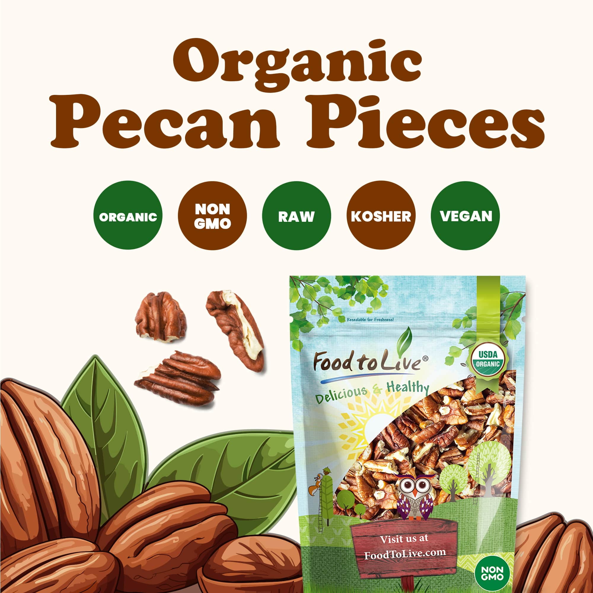 Organic Pecan Pieces, 6 Pounds — Non-GMO, Kosher, Raw, Vegan — by Food to Live