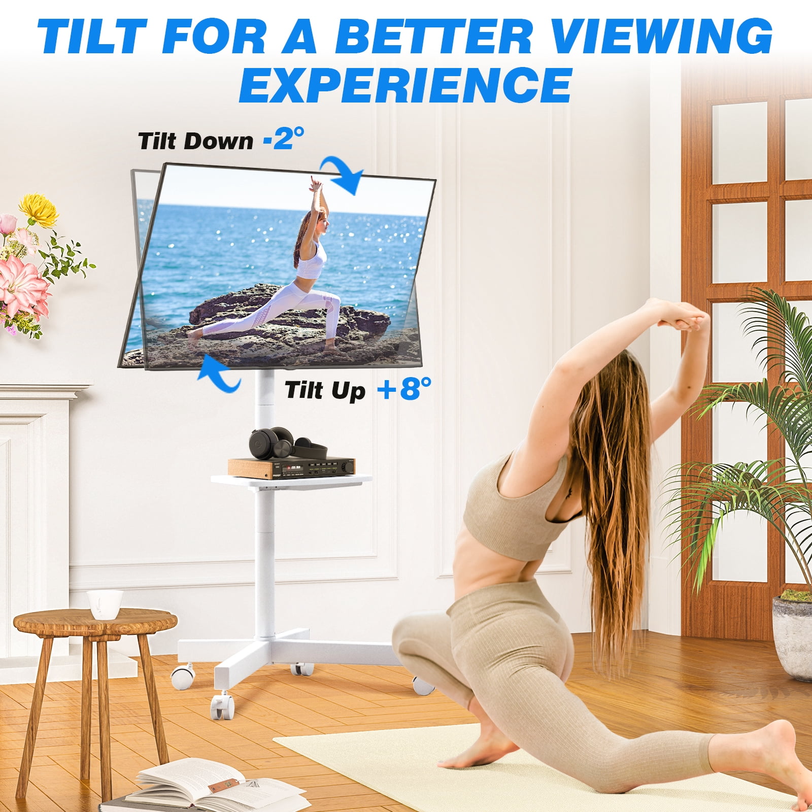 RTVR Modern Rolling TV Stand on Wheels with Shelf for 23 to 55 60 inch Flat Screens, Mobile TV Cart Stand, White