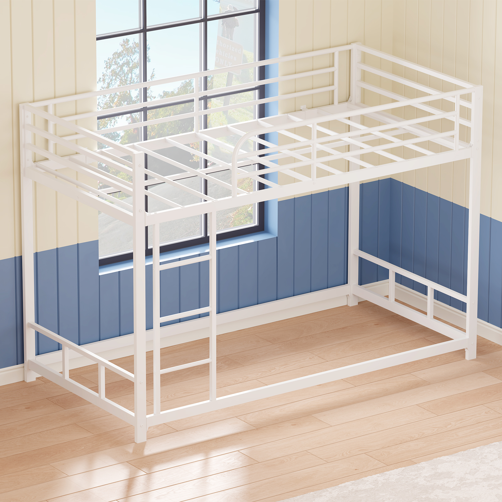 Miniyam Twin Over Twin Metal Bunk Bed Frame with Ladder and Guardrails, Heavy Duty Steel Design, No Box Spring Needed, White
