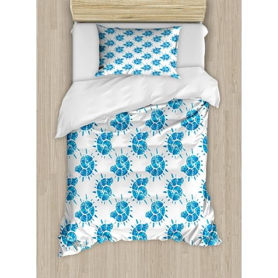 Nautical Duvet Cover Set Twin Size, Watercolor Depiction of Repeated Sea Shells on Plain Backdrop Art Print, Decorative 2 Piece Bedding Set with 1 Pillow Sham, White and Azure Blue, by Ambesonne
