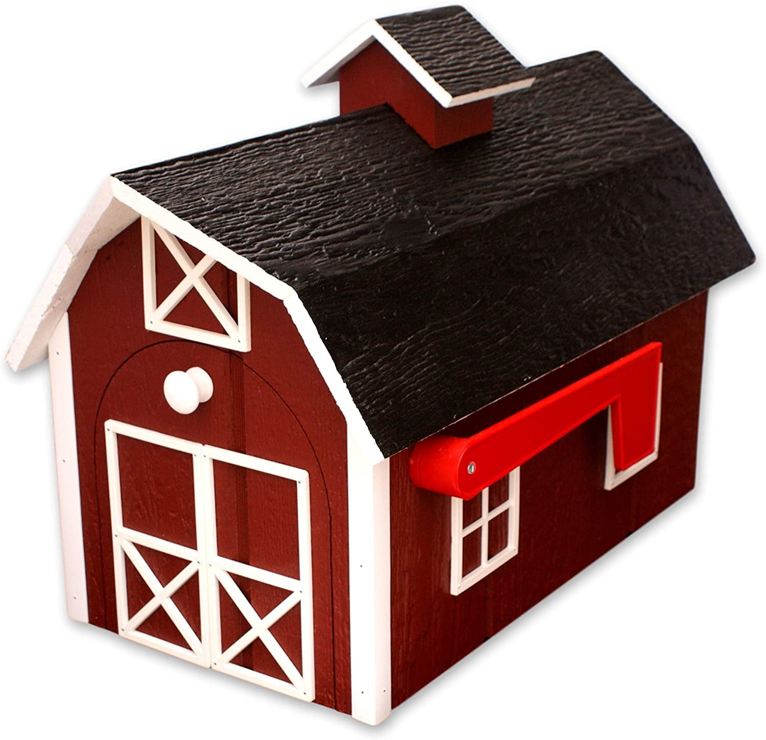 Amish-Made Deluxe Wooden Mailbox, Dutch Barn Style Red with White Trim