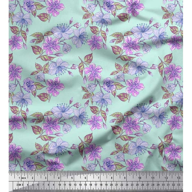 Soimoi Moss Georgette Fabric Leaves & Buttercup Floral Decor Fabric Printed Yard 42 Inch Wide
