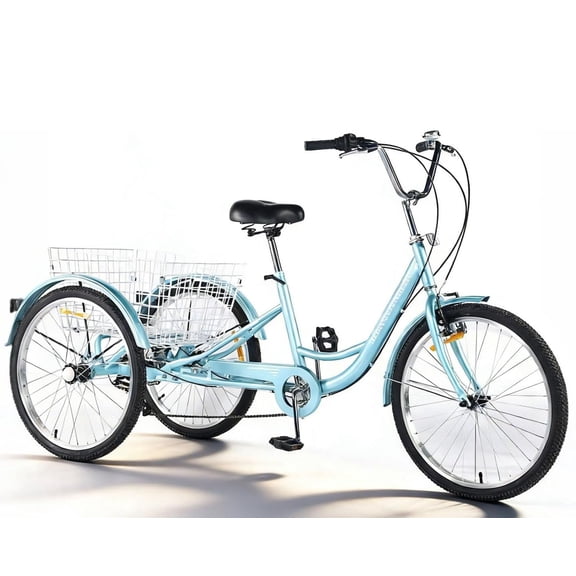Tricycle Adult Bicycle, 24 Inch 3-Wheel Bikes Low Step-Through Cruiser Bike with Rear Baskets for Women, Seniors, Men