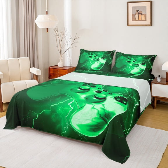 Homewish Green Gamepads Twin Sheet Sets 3pcs for Kids Children Boys,Abstract Lightning Twin Fitted Sheet Microfiber,Video Game Breathable Flat Sheet,Super Cozy Room Decor