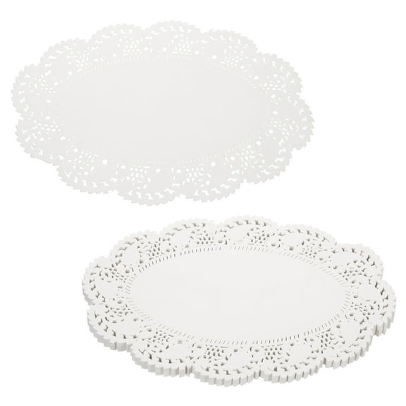 Uxcell 150pcs Lace Paper Doilies 12 x 8.5 Inch White Oval Disposable Decorative Paper Placemats Hollow Flower Absorbing Papers for Cakes Desserts Food Decoration Wedding Birthday
