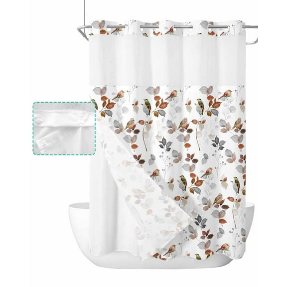 No Hook Shower Curtain with Snap in Liner, Leaves Plants Farmhouse Style Robin Birds Hotel Shower Curtains for Bathroom, Washable Shower Curtain Liner Set with Mesh Top Window, 48"x72"