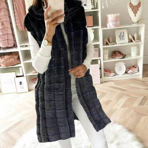 qolati Women's Fall Winter Sherpa Vest Jackets 2024 Sleeveless Long Loose Fluffy Coats Soft Warm Open Front Hooded Cardigan Coat Overcoat