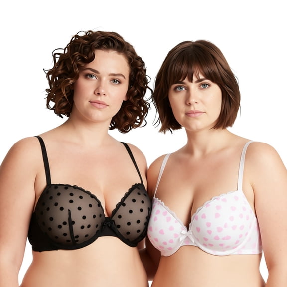 Curve Muse Women's Plus Size Push Up Add 1 and a half Cup Underwire Mesh Bra -2PK-BLACK,CREAM-32B