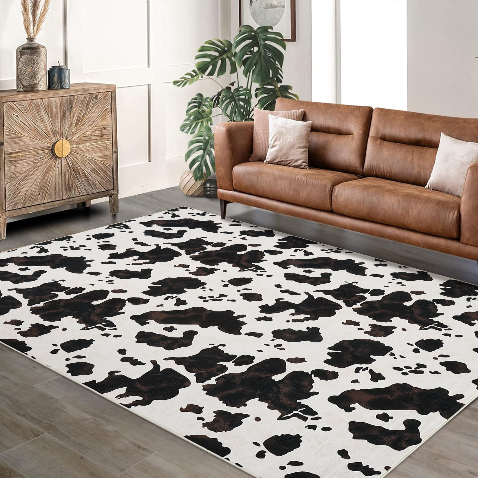 Tzou Cow Print Area Rugs 10' x 13' – Modern Washable Low Pile Throw Rug with Non-Slip Backing, Stain-Resistant Soft Floor Carpet for Living Room, Bedroom, Kitchen (Machine Washable)