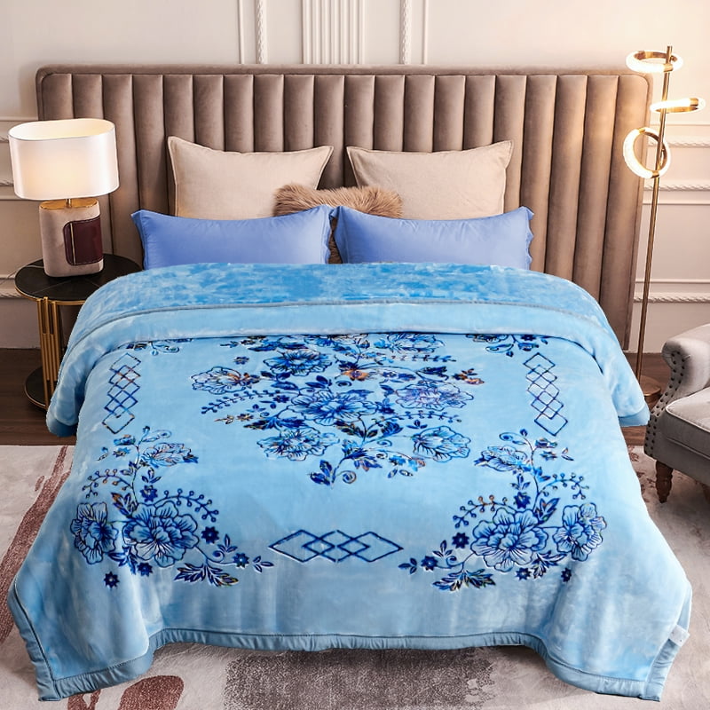Heavy Thick Fleece Blanket King Size, 10.5lbs,2 Ply A & B Pattern Silky Soft Warm Reversible Raschel Winter Blanket, Minky Soft Plush Blanket for Sofa Bed, 87"x94", Light Blue Floral