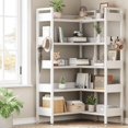 thumbnail image 2 of Memoryfield 5-Tier Corner Bookshelf, Convertible Bookcase with 4 Hooks, Industrial Metal Frame Bookshelves with Open Shelves for Living Room, Bedroom, Home Office, White, 2 of 8