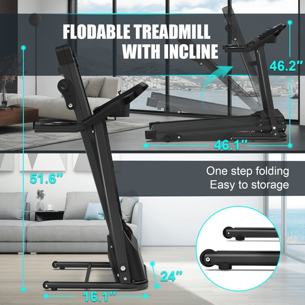 Ambifirner 2.5HP Folding Treadmill - 7.5 MPH, 3-Level Incline, 400lb Capacity, Shock Absorb for Home Gym
