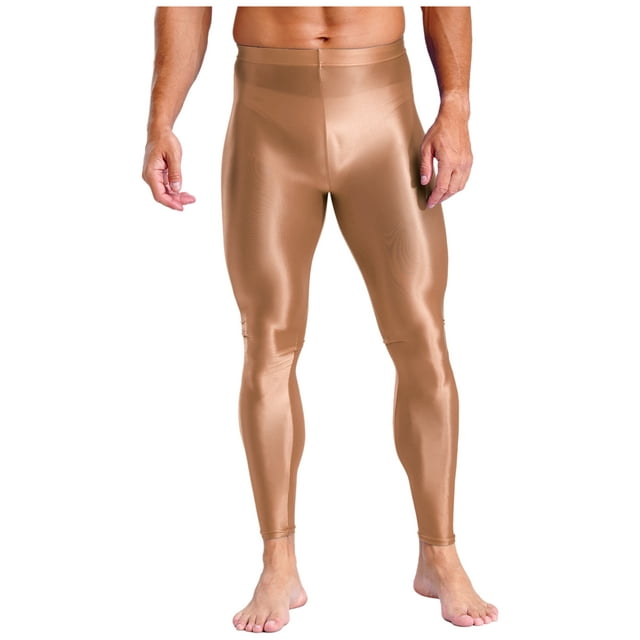 Sholeno Men's Shiny High Waist Leggings Stretch Compression Pants for Gym Clubwear Performance Coffee L