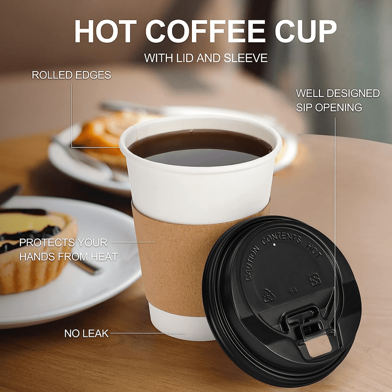 [100 Pack] 12oz Disposable White Paper Coffee Cups with Black Dome Lids and Protective Corrugated Cup Sleeves - Perfect Disposable Travel Mug for Home