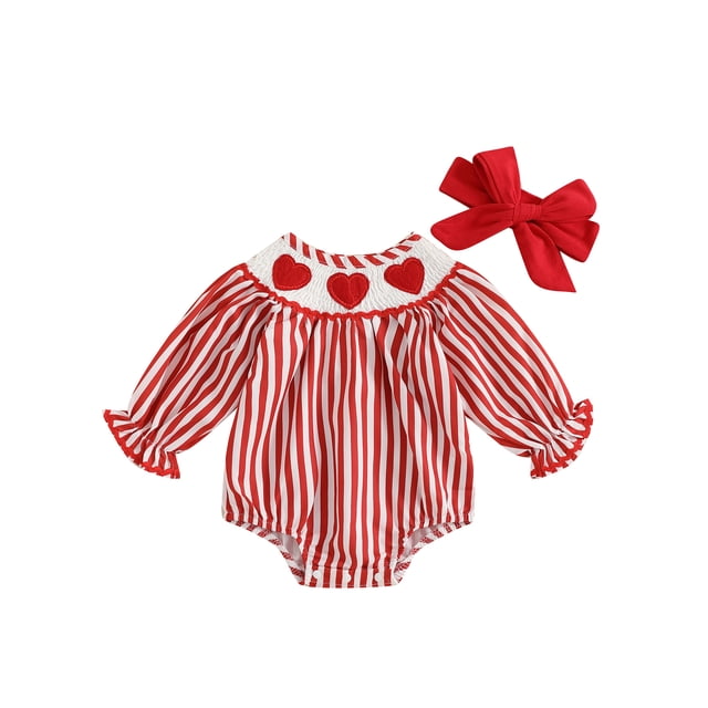Gupgi Grenouillère Cœur pour Bébé Filles 0M 3M 6M 12M 18M Manches Longues Imprimé Rayures Rouges avec Bandeau