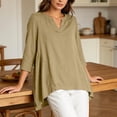 thumbnail image 6 of Qzwdhjm Womens 3/4 Sleeve Tops Stand V Neck Linen Top with Asymmetric Hem Side Pleated Loose Casual Shirts for Summer Going Out, 6 of 7