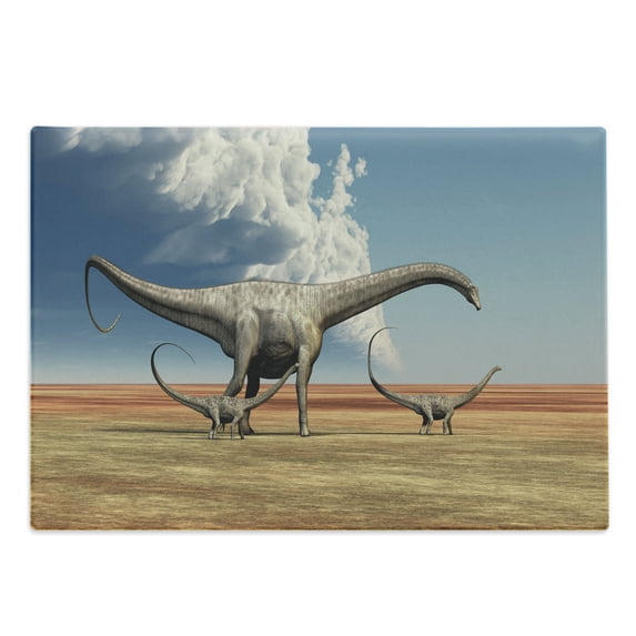 Jurassic Cutting Board, Mother Diplodocus Dinosaur Walks Along with Her Brood of Youngsters Clouds, Decorative Tempered Glass Cutting and Serving Board, Large Size, Khaki Blue Grey, by Ambesonne