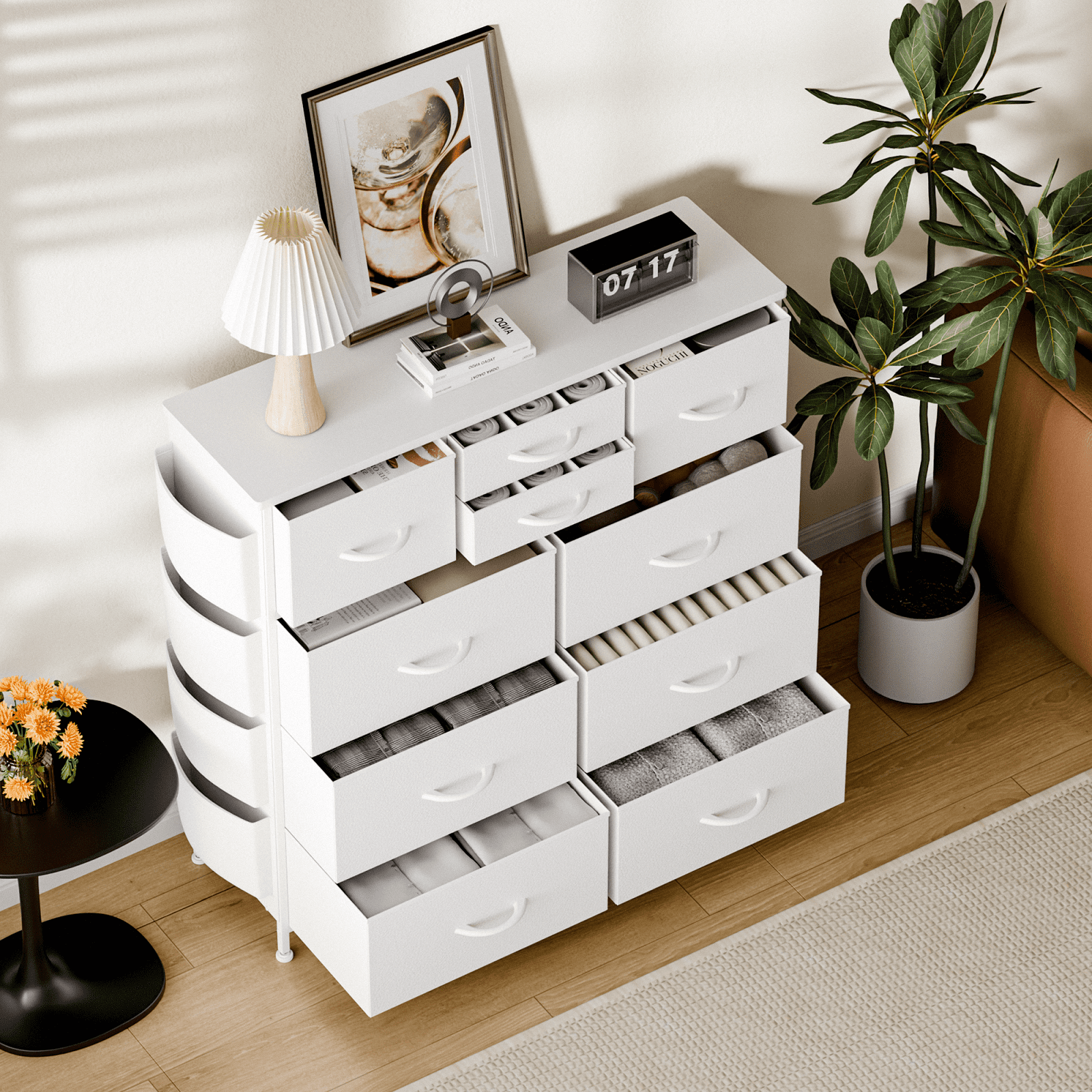 Aowos 10 Drawer Dresser, Chest of Drawers Dressers for Bedroom with 4 Side Pockets and 2 Hooks, White