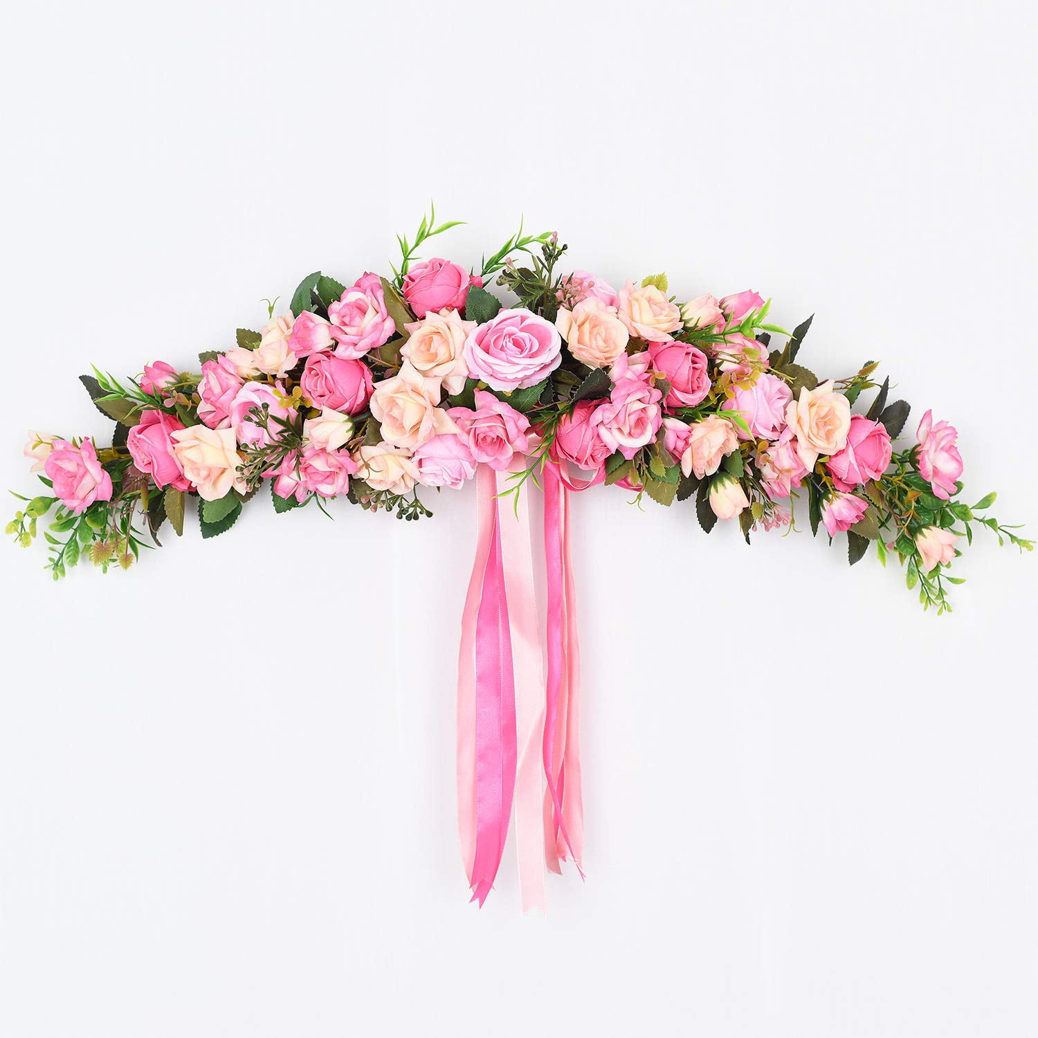 YQing 48cm Sunflower Artificial Flower Swag Floral Swags with Eucalyptus Green Leaves Wreath for Front Door Mirror Wall Wedding Arch Home Decoration