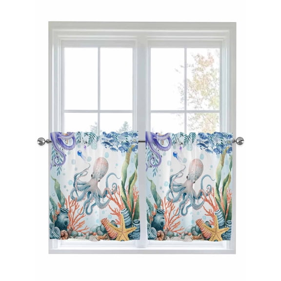 Octopus Coastal 2 Panel Kitchen Curtains for Small Windows, Summer Nautical Starfish Coral Ocean Bathroom Tier Curtain, Short Window Treatment for Bedroom/Living Room 55"x24"
