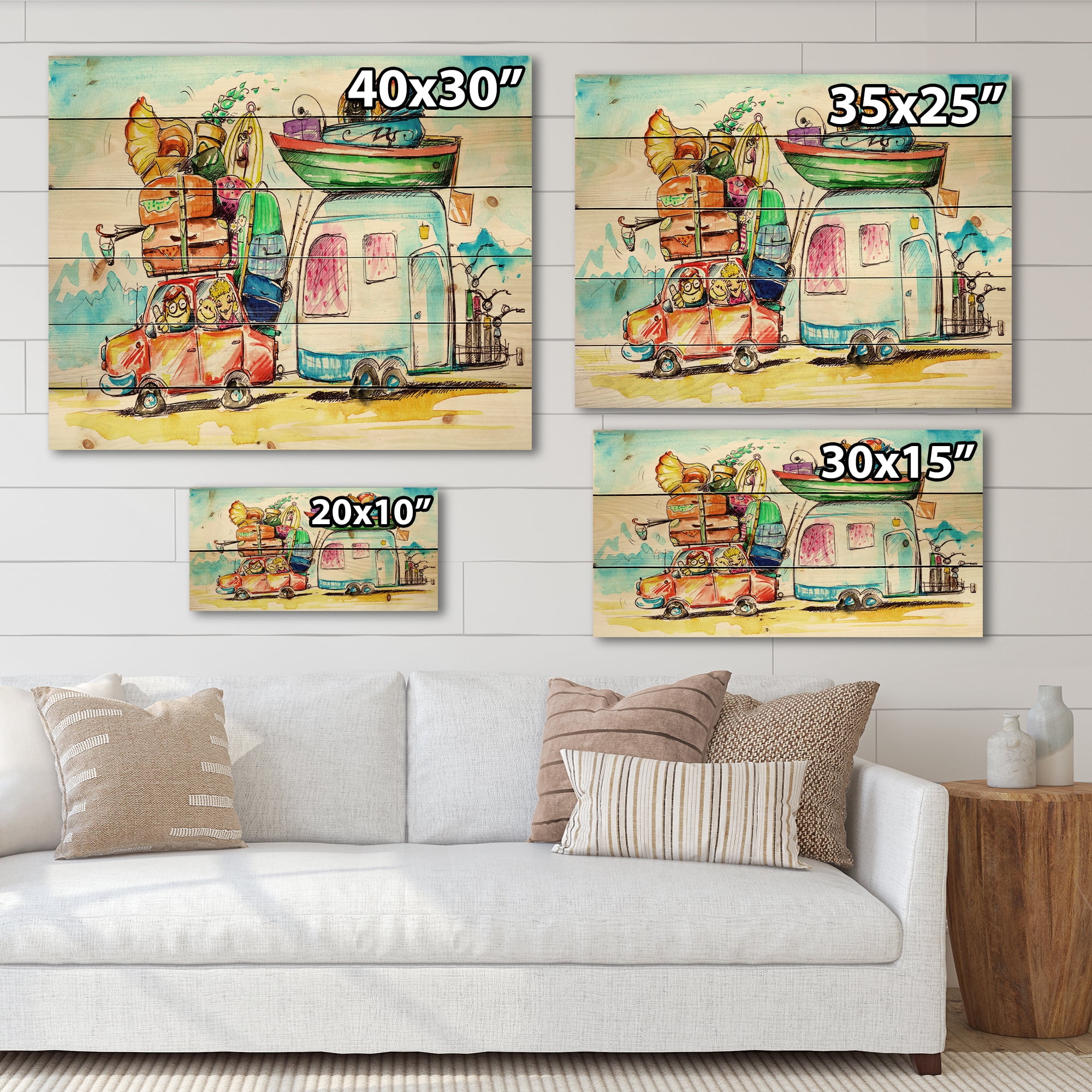 Designart 'Caravans With Family Travel' Farmhouse Print on Natural Pine Wood