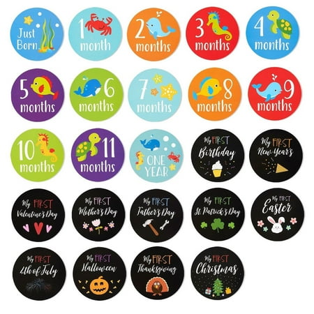 Baby Milestone Stickers - 24-Count First Year Baby Monthly Stickers Including Birthday, Thanksgiving, Christmas for Baby Scrapbook, Keepsake Journal and Baby Pictures, 4.4 inches in