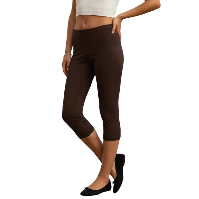 Pantalones capri de mujer de tiro bajo con cintura plegable, color liso, corte ajustado y estilo cropped.