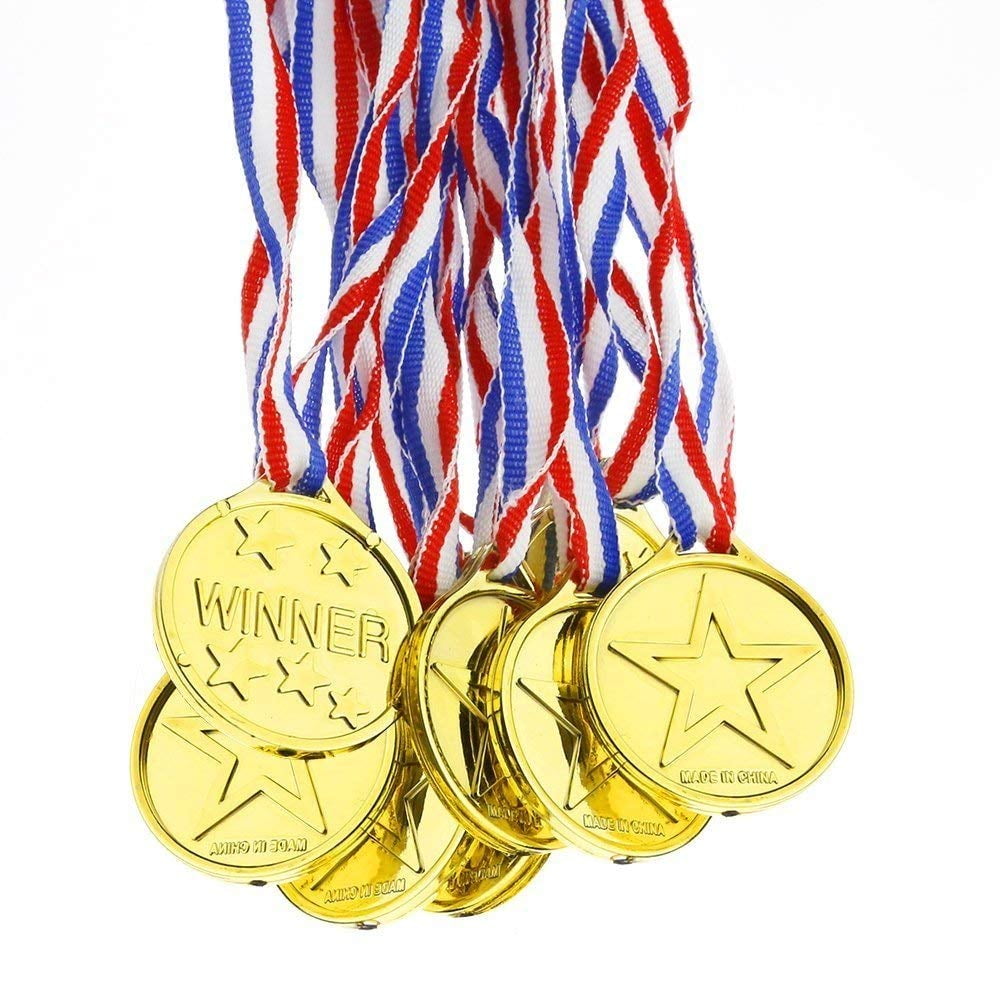 Brand New Set of 12 Gold Plastic Winner Medals Necklaces Sports Day Awards 