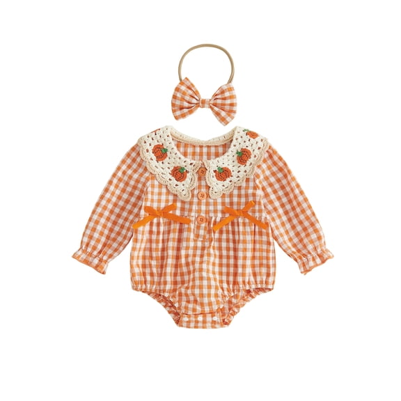 Loicainy Infant Baby Girls Halloween Bodysuit 3 6 9 12 18 Months Knitted Crocheted Pumpkin Doll Collar Plaid Long Sleeves Romper and Headband