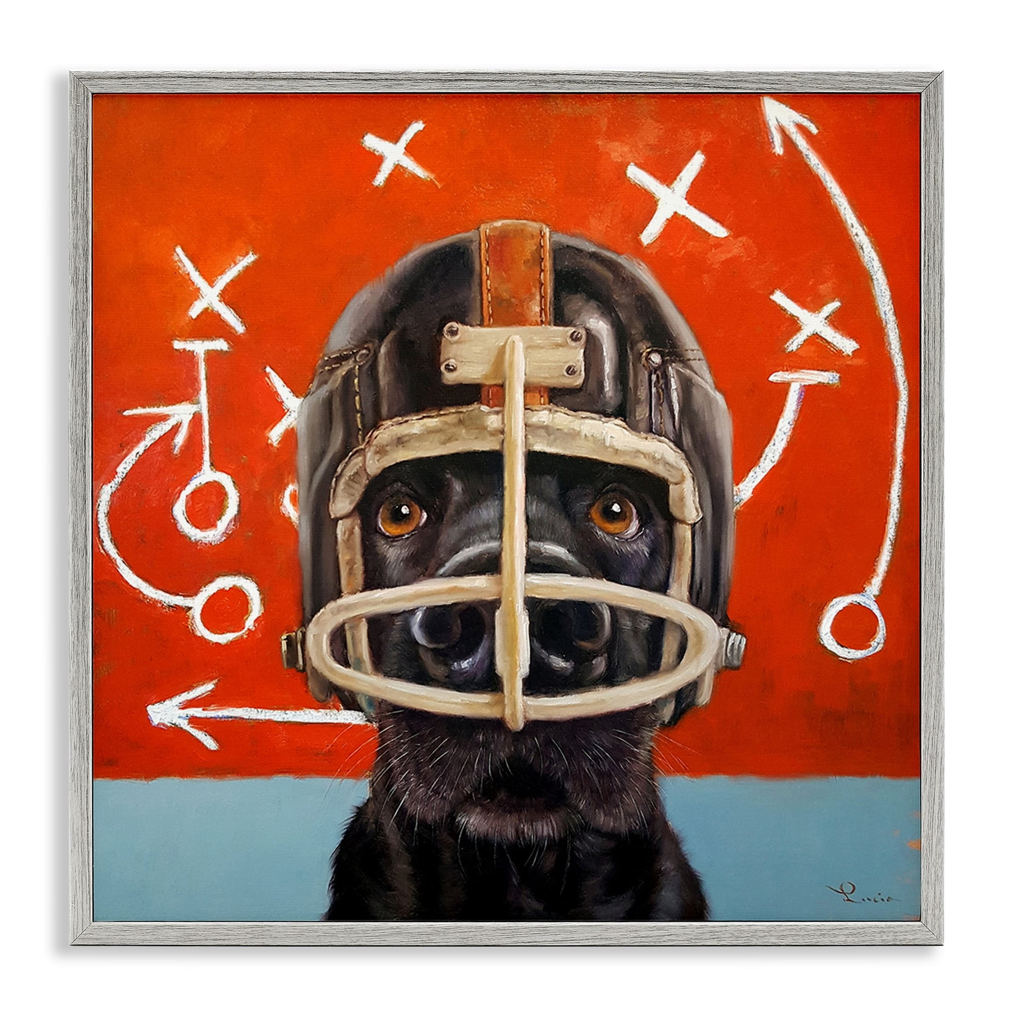 Stupell Industries Black Dog Wearing Football Helmet Sports Plays Framed Wall Art, 24 x 24, Design by Lucia Heffernan