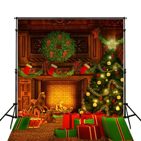 Image of HelloDecor 5x7ft Christmas Photography Backdrop for Children Christmas Tree and Three Gift Socks Hang Fireplace Photo Background