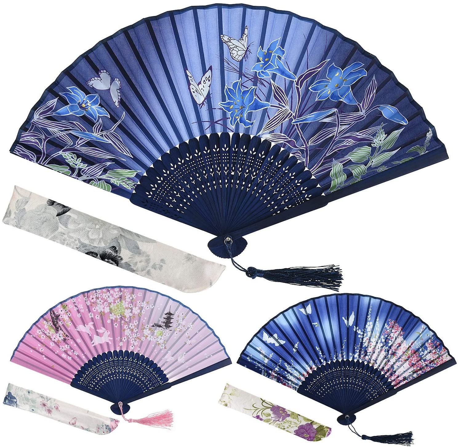 Vintage Chinese Hand Held Dance Fan Folding Silk Bamboo Flower Wedding Party 