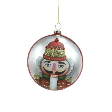 Starlight Collection, Red/Silver Glass Hanging Flat Drop Ornament with Glittered Nutcracker in a Gold Crown (Pack of 3)