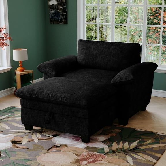 Enjoy Relaxation With 51" Chaise Lounge Chair, & Storage, Black Chenille For Living Area Chair Upholstery Bedroom Comfort