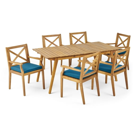 Jaxon Outdoor 6 Seater Acacia Wood Dining Set with Cushions, Teak, Blue