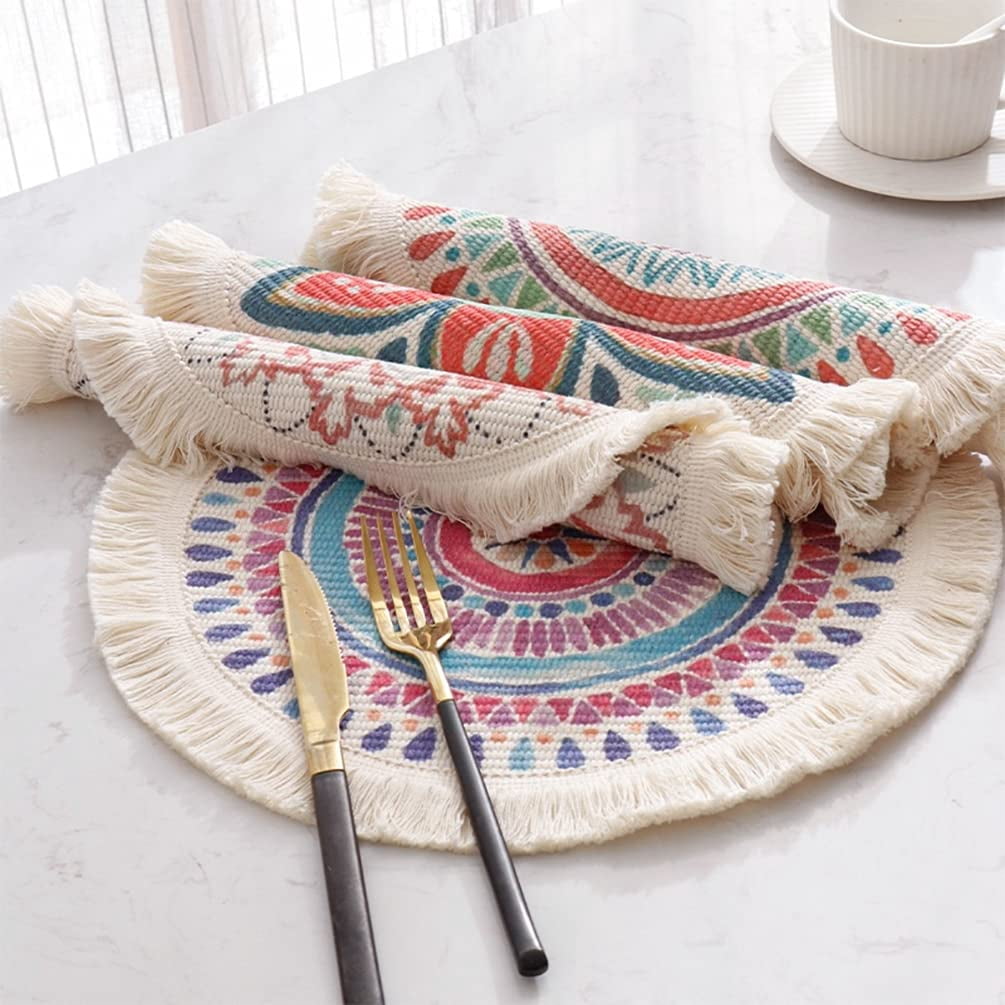 Fennco Styles Tropical Red Flower Woven Fringe Cotton Placemats 13" Round, Set of 4 - Multicolored Boho Heat Resistant Insulation Table Mats for Home, Kitchen Décor, Dining Table, Banquets, Holidays