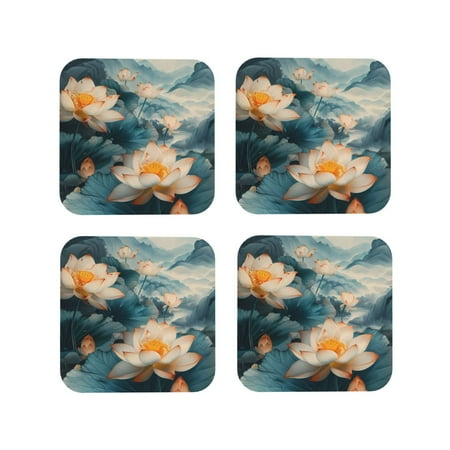 

Drink Coasters Set of 4 Mountain Lotus Serenity Leather Coasters for Coffee Table Protector Heat Resistant Cute Coasters for Home Decor Housewarming Gifts Bar Kitchen 4 Inch Square