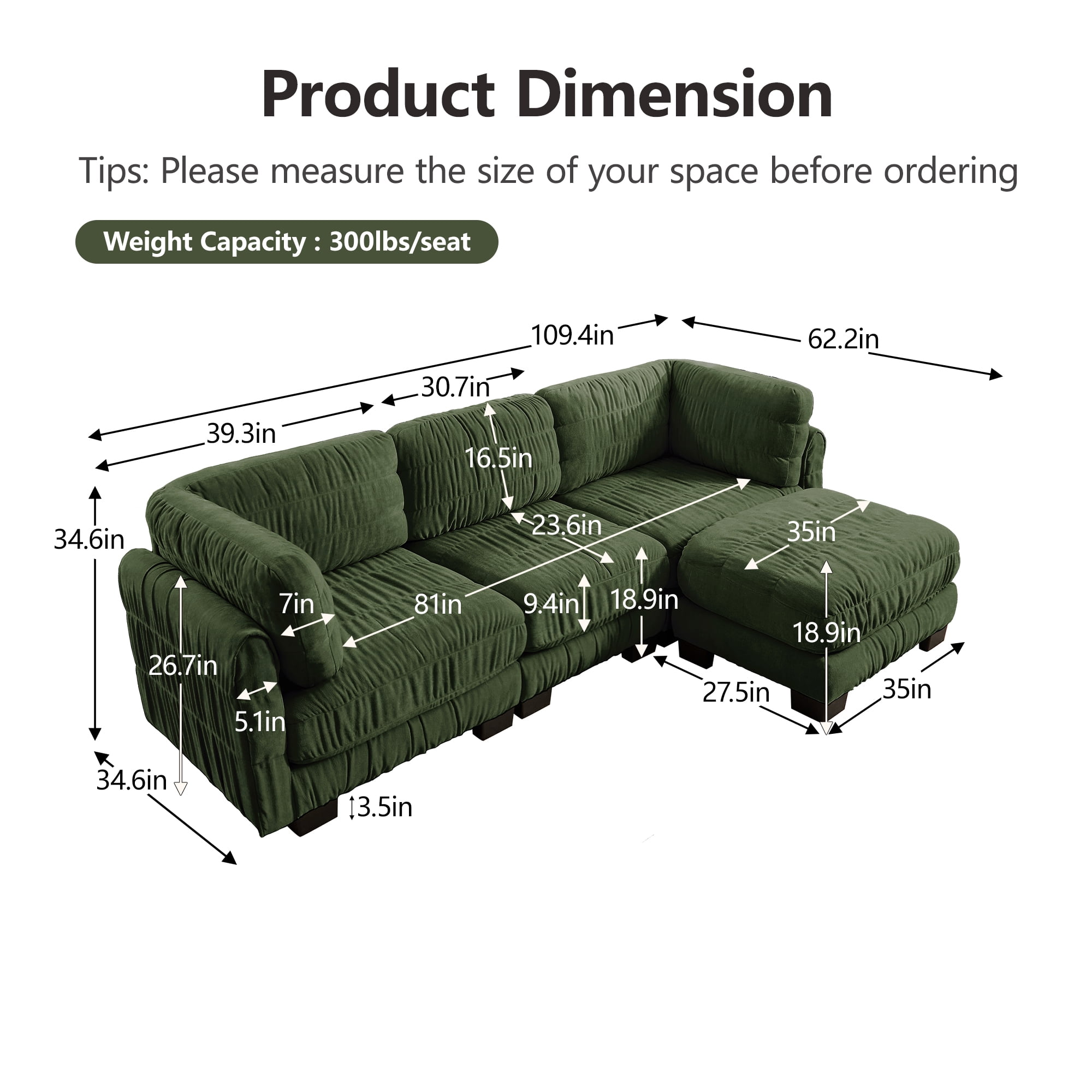 109" L Shape 3 Seat Chenille Modular Sectional Sofa with Movable Ottoman and L Shape Back Cushions
