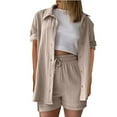 thumbnail image 2 of LADIGASU Women's Summer Two Piece Neck Long Sleeve Shirt High Waist Drawstring Large Shorts Casual Set, 2 of 5