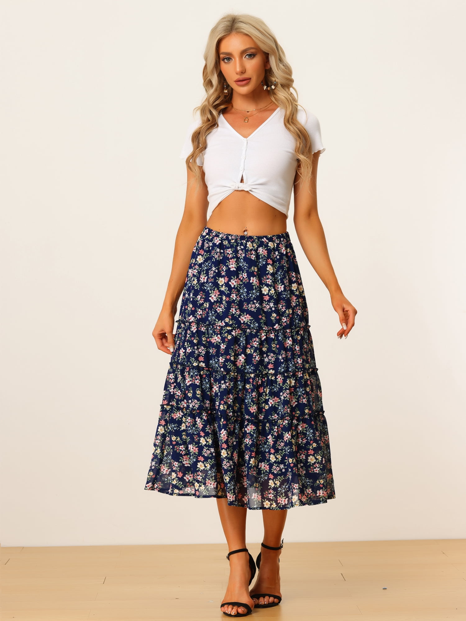 DARING DIVA Women's Chiffon Tiered A-Line Maxi Skirt S Navy Blue