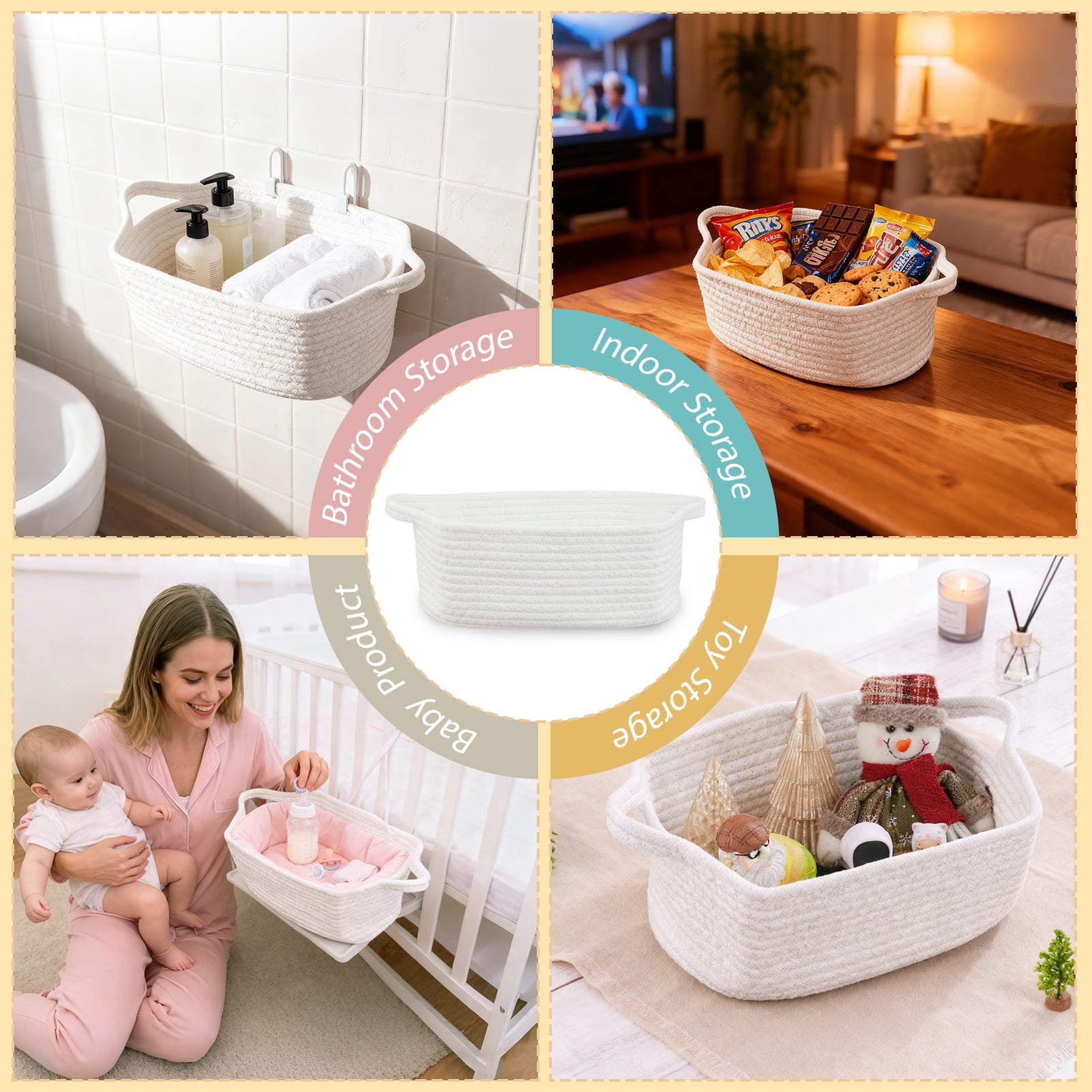 Lumikrypt 3 Pack Woven Basket with Gift Bags and Ribbons, 12" x 8" x 5" Empty Gift Basket with Handles, Small Rope Basket for Storage, White