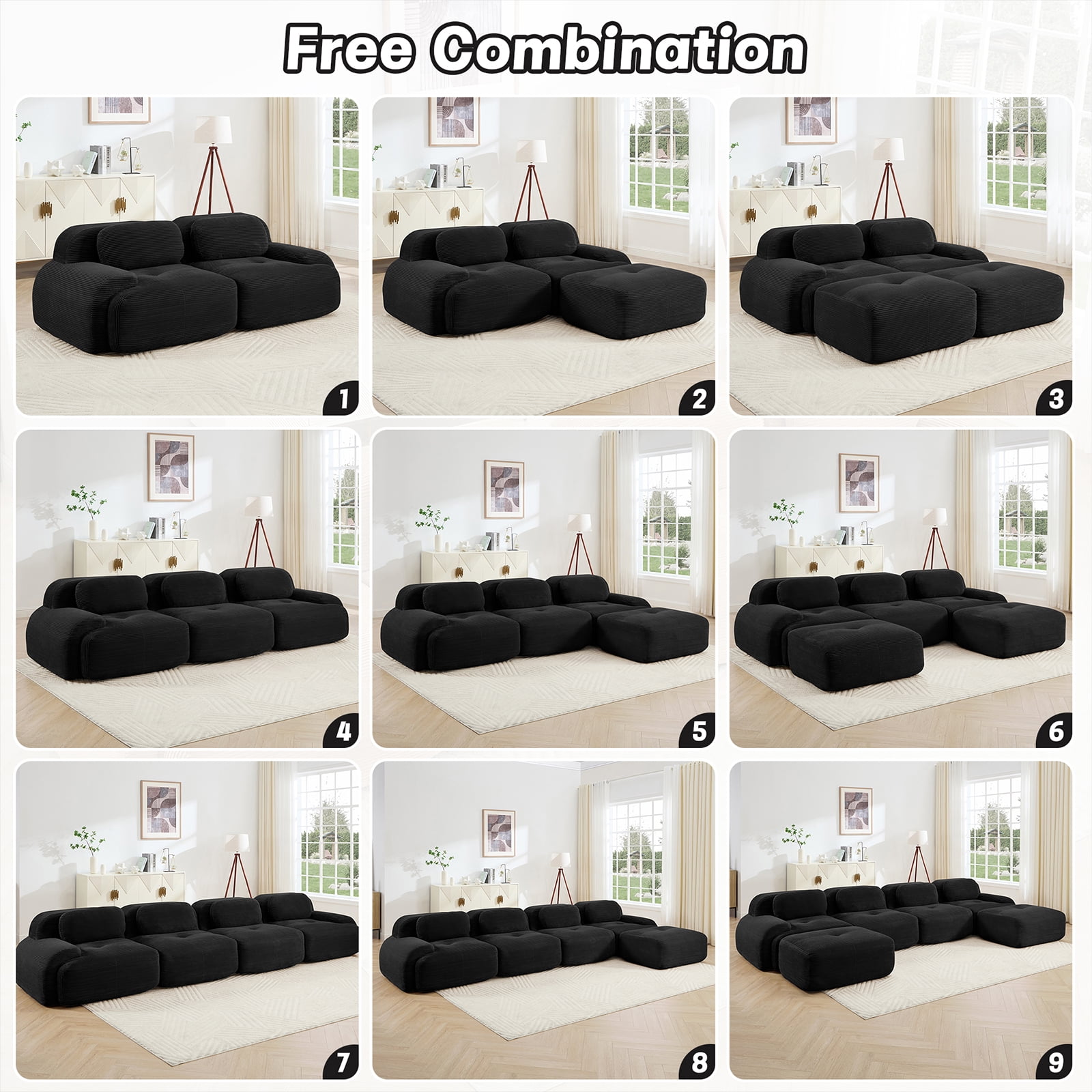 80" Modern Compressed Boneless Love Seat Couches with 1 Ottoman, 2 Seater Large Sectional Couches for Living Room, Black Corduroy Cloud Modular Sectional Sofa, Memory Foam, Deep Loveseat, No Assembly