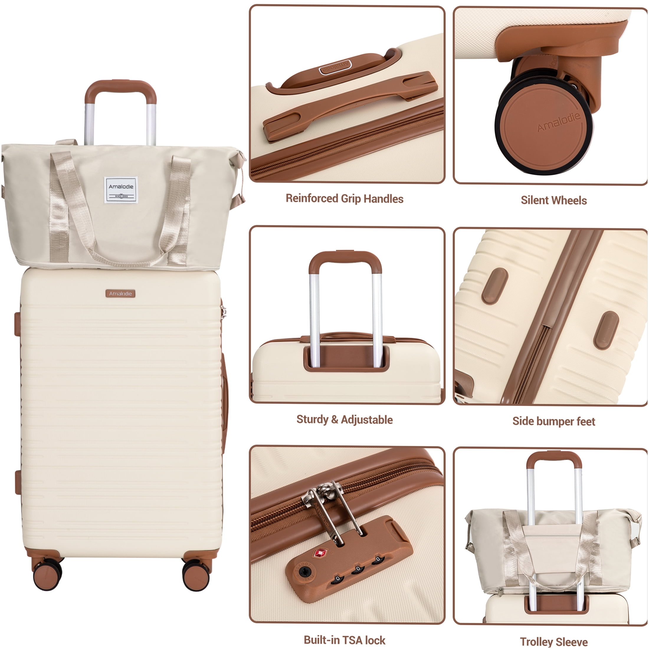JERFIT 6-Piece ABS Hardshell Luggage Set with TSA Locks, Spinner Wheels, Expandable Suitcase & Duffel, Beige Travel Luggage