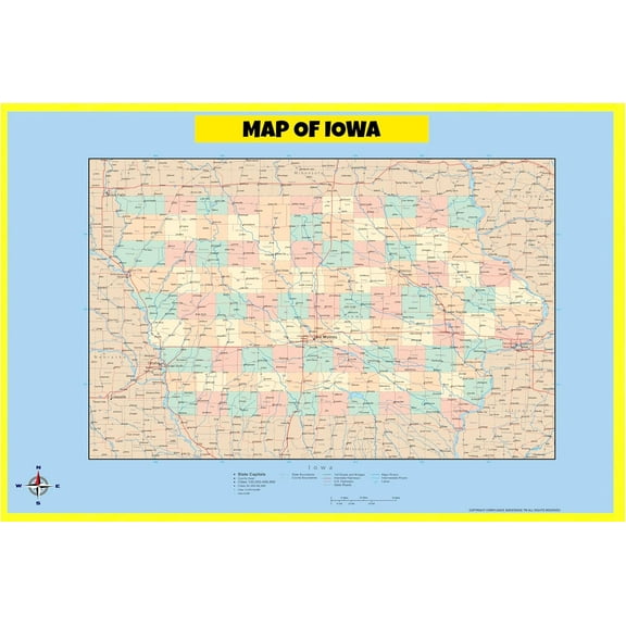 Iowa Map Poster - Laminated Wall Map - Style C - 18x24 - Ideal for Classrooms and Homes – Features Bright Colors and Vivid Imagery